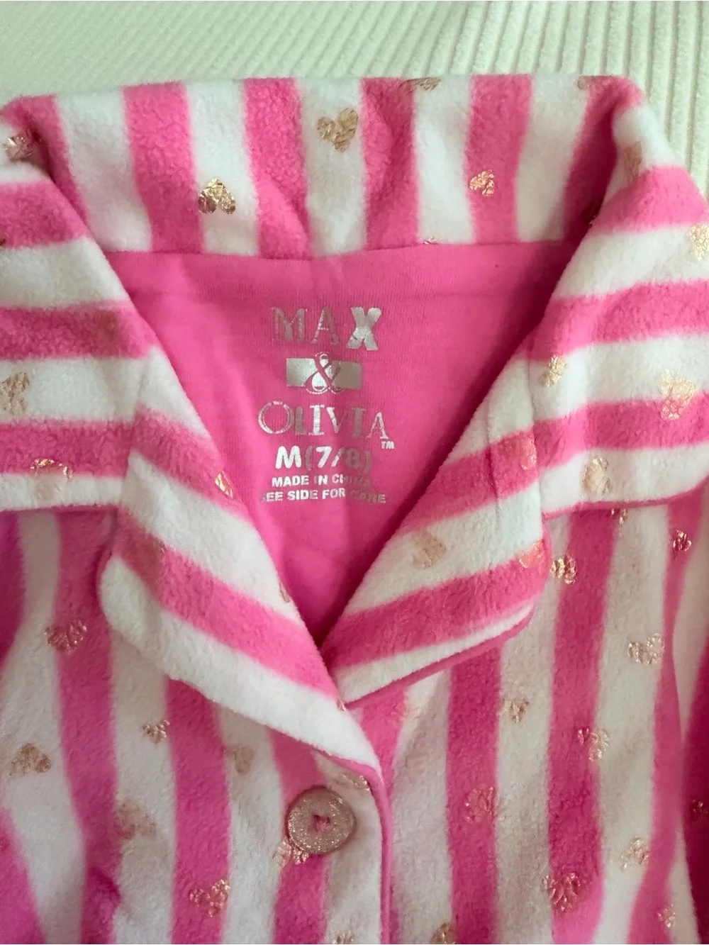 Max & Olivia Girls Pink Striped Fleece Pajama Set Size 7/8 Gold Hearts